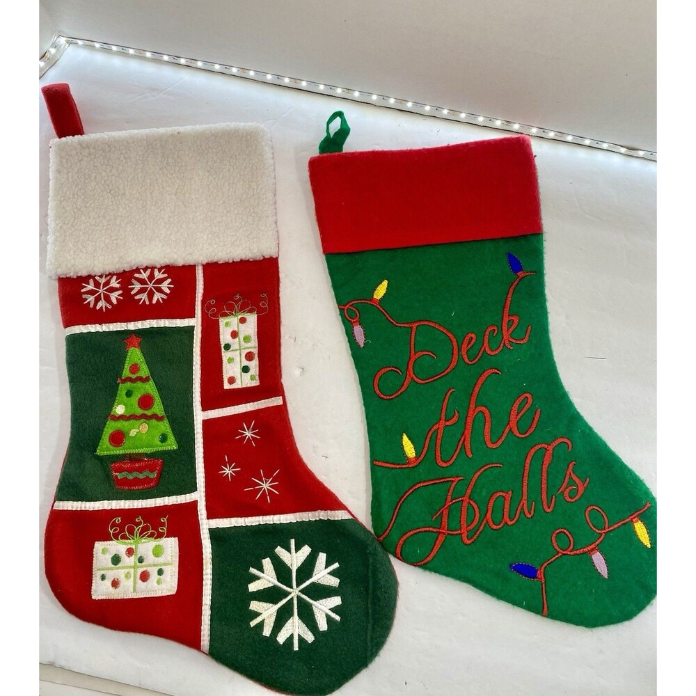 2 Christmas Stocking Red 18" Tree Snowflakes Green 16" Deck The Halls Felt